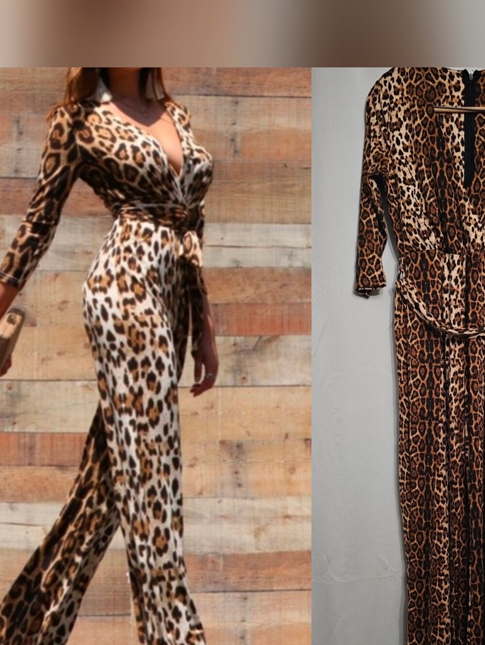 Dress Day Leopard Print Wrap Tie Waist Jumpsuit Brown Tan Multi Size Medium New